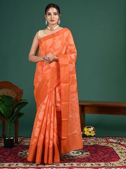 Hella Fashions - Orange Kota Semi Cotton Saree with Unstitched Blouse