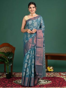 Hella Fashions - Teal Kota Semi Cotton Saree with Unstitched Blouse