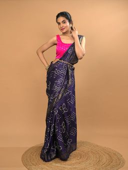 Hella Fashions - Navy Blue Bandini Saree with Unstitched Blouse