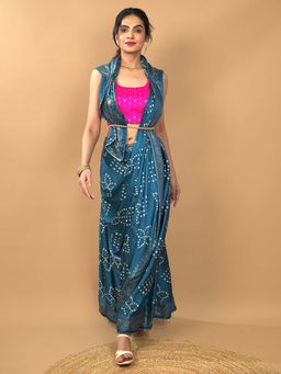Hella Fashions - Teal Bandini Saree with Unstitched Blouse