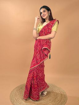 Hella Fashions - Maroon Bandini Saree with Unstitched Blouse