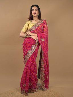 Hella Fashions - Maroon Bandini Saree with Unstitched Blouse