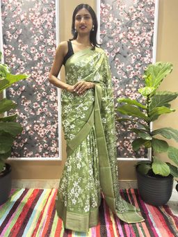 Hella Fashions - Henna Green Printed Saree with Unstitched Blouse