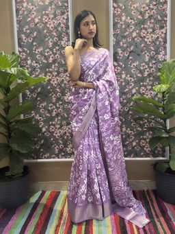 Hella Fashions - Lavender Printed Saree with Unstitched Blouse