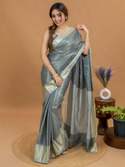 Hella Fashions - Grey Tissue Saree with Unstitched Blouse