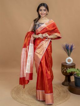 Hella Fashions - Maroon Tissue Saree with Unstitched Blouse