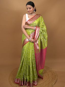 Hella Fashions - Lime Green South Silk Saree with Unstitched Blouse