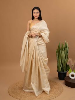 Hella Fashions - Beige Tissue Saree with Unstitched Blouse