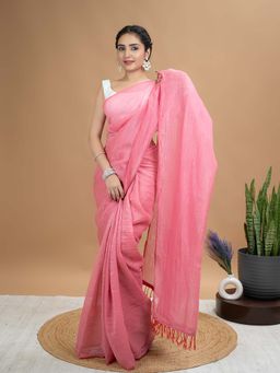 Hella Fashions - Pink Solid Saree with Unstitched Blouse