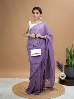 Hella Fashions - Purple Solid Saree with Unstitched Blouse