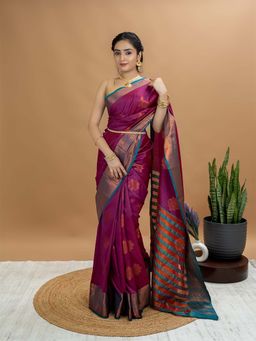 Hella Fashions - Magenta South Silk Saree with Unstitched Blouse