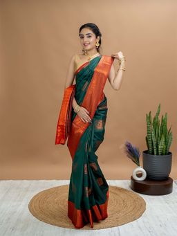Hella Fashions - Dark Green South Silk Saree with Unstitched Blouse