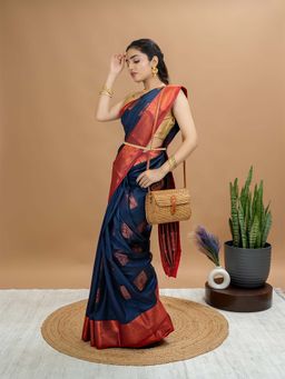 Hella Fashions - Navy Blue South Silk Saree with Unstitched Blouse