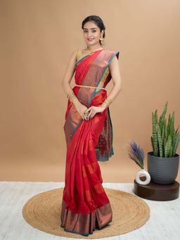 Hella Fashions - Red South Silk Saree with Unstitched Blouse