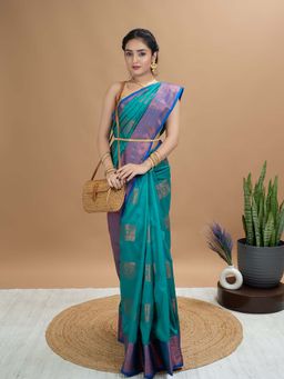 Hella Fashions - Turquoise South Silk Saree with Unstitched Blouse