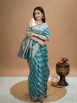 Hella Fashions - Turquoise Floral Saree with Unstitched Blouse