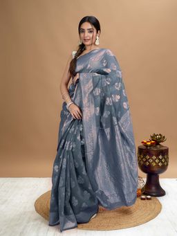 Hella Fashions - Grey Floral Saree with Unstitched Blouse