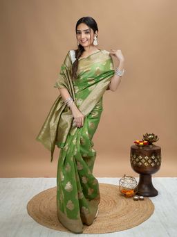 Hella Fashions - Lime Green Floral Saree with Unstitched Blouse