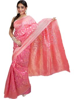Hella Fashions - Pink Floral Saree with Unstitched Blouse