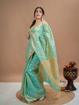 Hella Fashions - Sea Green Floral Saree with Unstitched Blouse