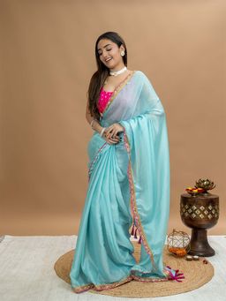 Hella Fashions - Sea Green Party Saree with Unstitched Blouse