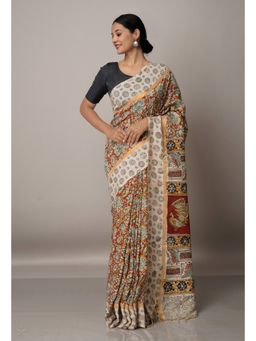 Unnati Silks - Multi Pure Kalamkari Block Printed Silk Saree with Unstitched Blouse