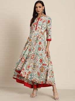 Rain & Rainbow - Women Sea Green and Red Pure Cotton Floral Print Maxi Dress