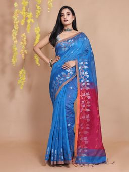 CHARUKRITI - Sapphire Blue Cotton Zari Motifs & Floral Borders Handwoven Saree with Unstitched Blouse