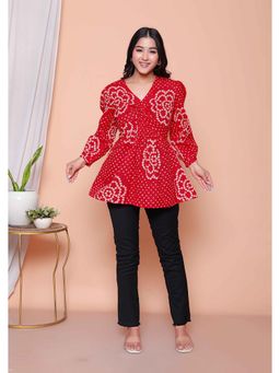 Doriyaan - Red Printed V-Neck Top