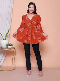 Doriyaan - Rust Floral V-Neck Top
