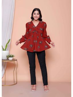 Doriyaan - Maroon Animal Print V-Neck Top