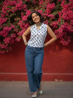 Varanga - Off White Printed Notched Lapel Top