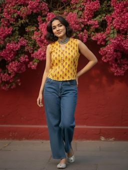 Varanga - Mustard Printed V-Neck Top
