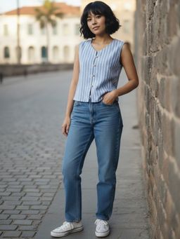 Varanga - Blue Stripes V-Neck Top