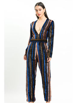 How When Wear - Multi Velvet Stripe Plunge Neck Jumpsuit