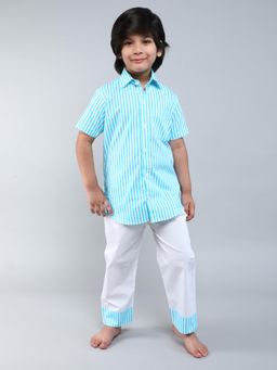 Little Clothings - Shirt With Collar Neck Paired With A Solid Pajama Blue (Set of 2)