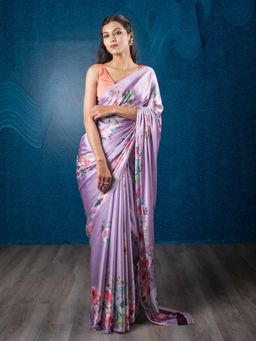 EXCLUSIVA - Lilac Floral Satin Crepe Digital Print Saree with Unstitched Blouse
