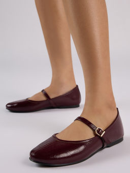 Twenty Dresses by Nykaa Fashion - Women Burgundy Glossy Round Toe Mary Jane Ballerina Flats