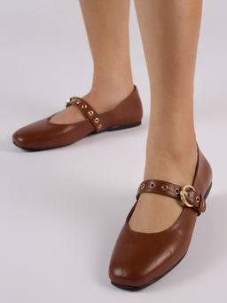 Twenty Dresses by Nykaa Fashion - Women Tan Eyelet Detail Round Toe Mary Jane Ballerina Flats
