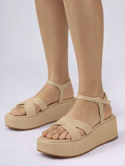 Twenty Dresses by Nykaa Fashion - Women Beige Round Toe Criss Cross Strap Flatform Sandals