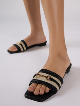Twenty Dresses by Nykaa Fashion - Black Open Toe Colorblock Braided Slip On Flats For Women