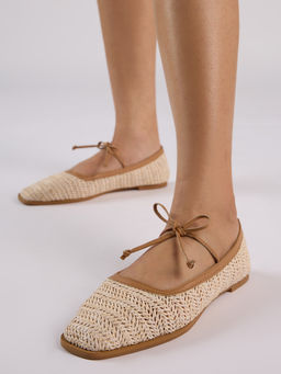 Twenty Dresses by Nykaa Fashion - Beige Raffia Square Toe Mary Jane Ballerina Flats For Women