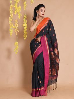 CHARUKRITI - Black Cotton Handwoven Zari Ethnic Motifs & Dual Borders Saree with Unstitched Blouse