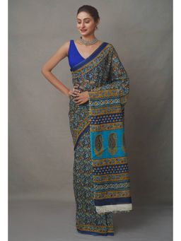 Unnati Silks - Blue Pure Block Printed Cotton Saree with Unstitched Blouse
