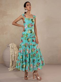 Gajra Gang - Phooljhadi Turquoise Printed & Tiered Maxi Dress GGDRS07