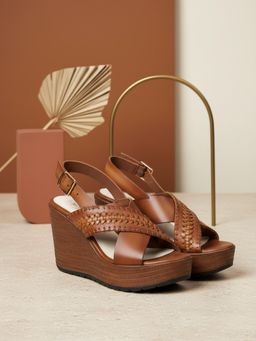 EZOK - Brown Leather Slip On With Buckle Wedges Heels
