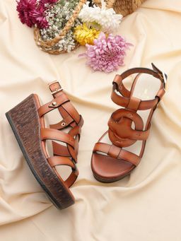 EZOK - Tan Leather Slip On With Buckle Wedges Heels