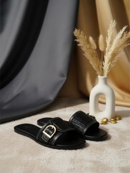 EZOK - Black Leather and Raffia Slip On With Buckle Flats