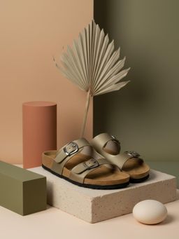 EZOK - Gold Synthetic Slip On With Buckle Sandals