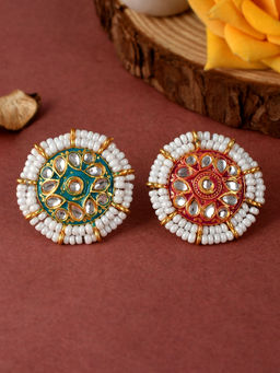 Silvermerc Designs - Gold Plated Meenakari Handpainted Kundan Adjustable Ring for Women (Set of 2)